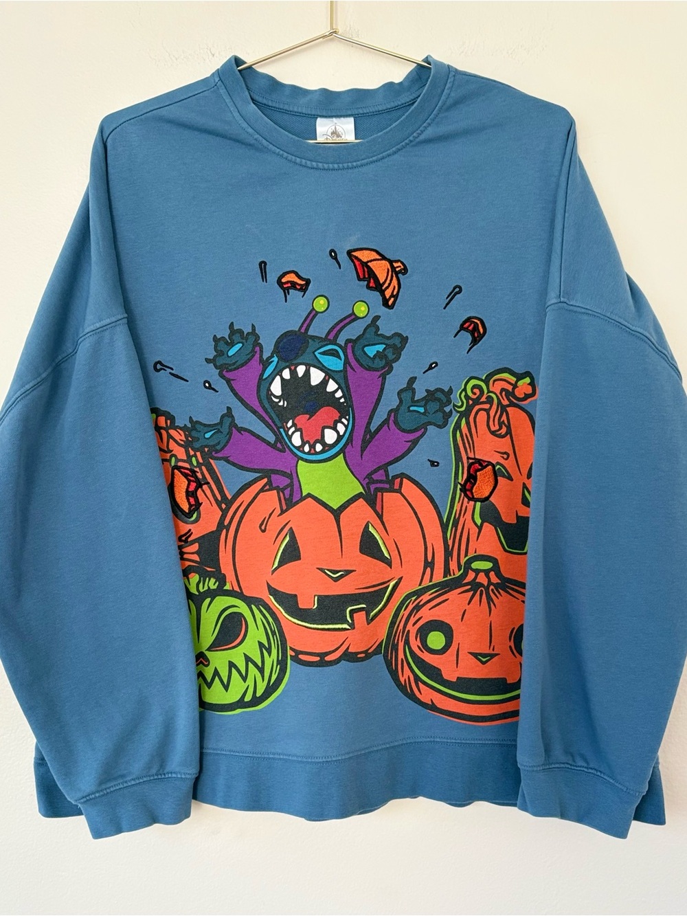 Disney Stitch Halloween Pumpkin Graphic Sweatshirt Blue Size Large L